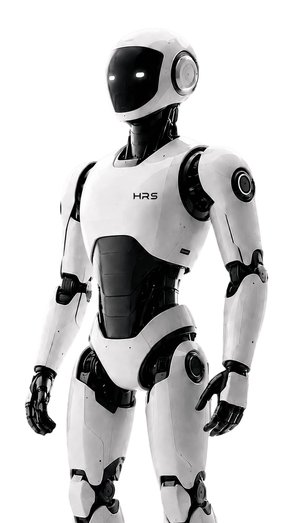 HRS humanoid robot standing in position, branded with HRS logo on chest